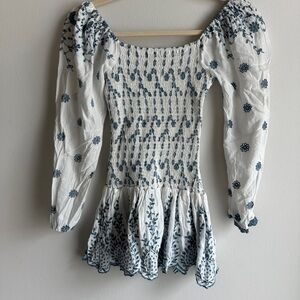 Smocked Off-Shoulder White Dress with Blue Floral Embroidery